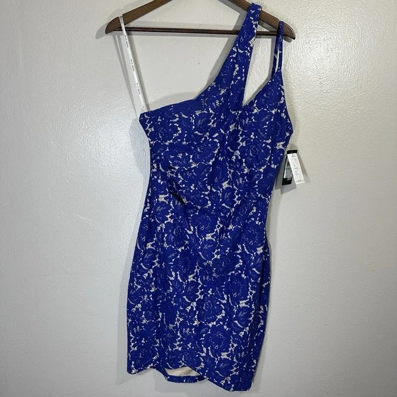GUESS Women's Size 8 Blue Bonded Lace Cutout One Shoulder Dress NEW - Picture 2 of 14